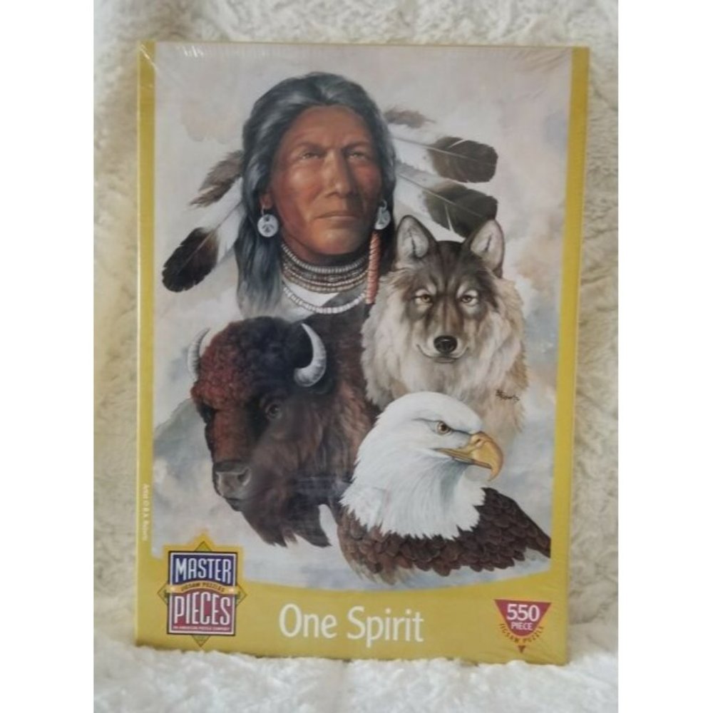 Master Pieces "One Spirit" B. Roberts Puzzle 18"x24" 550piece Wolf Eagle Buffalo